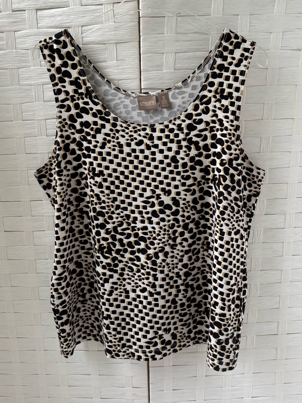 Chico's XL Black Cream Tan Mixed Spot Print Tank Career Layering Casual Stretch